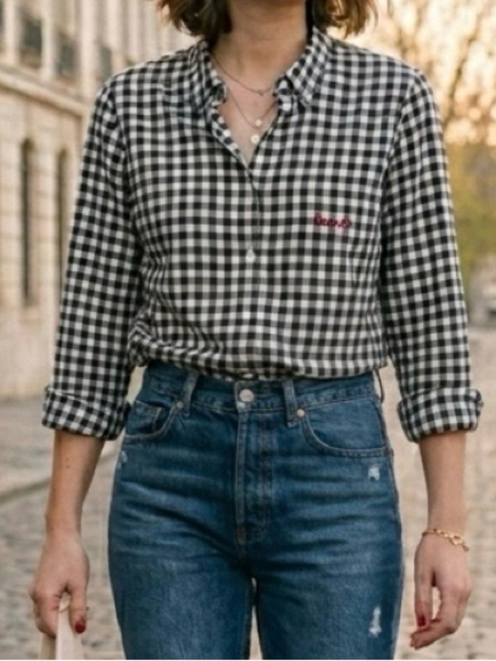 Old Navy Gingham Plaid Button Down Shirt Embroidered Love Women’s Medium